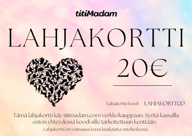 Lahjakortti 20€ Kotimaiseen titiMadam Jewelry Verkkokauppaan Lahjakortti 20€ Kotimaiseen titiMadam Jewelry Verkkokauppaan