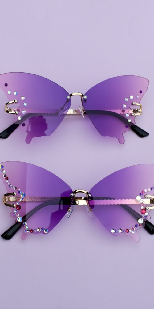 Timanttikoristeiset perhosen muotoiset liilat liukuväri aurinkolasit titiMadam