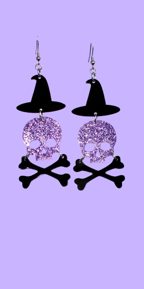 Isot Halloween glitter pääkallo liila hattu korvakorut titiMadam