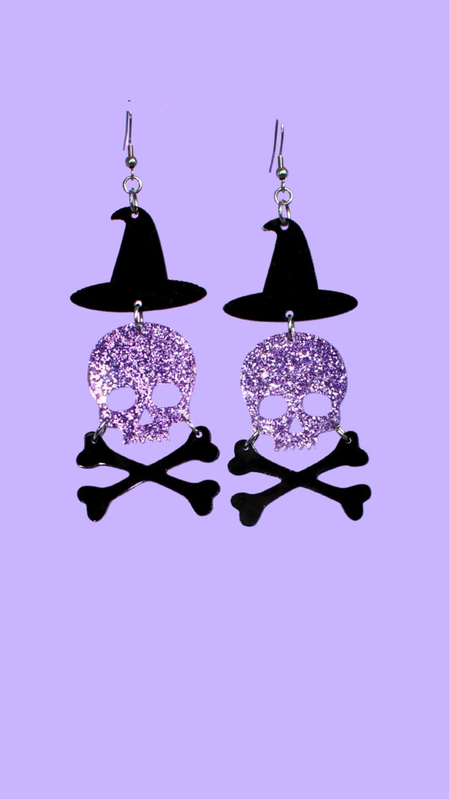 Isot Halloween glitter pääkallo liila hattu korvakorut titiMadam Isot Halloween glitter pääkallo liila hattu korvakorut titiMadam