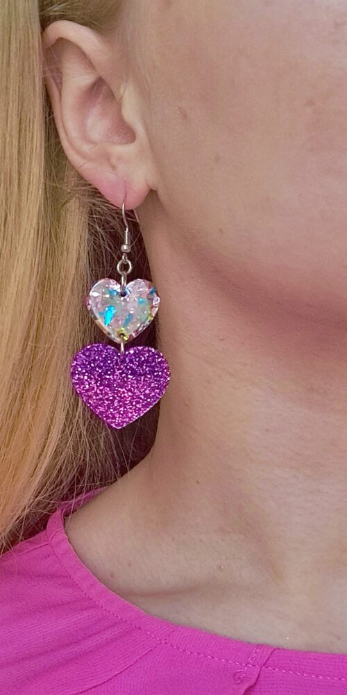 Uniikit Glitter DoubleHeart Sydän korvakorut liila titiMadam Jewelry